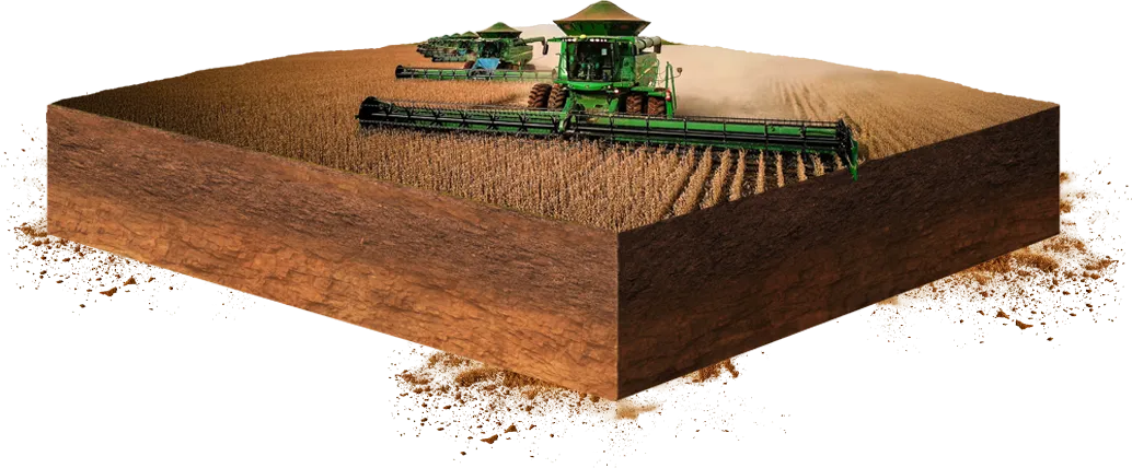 Colheitadeira 3D em plantação.